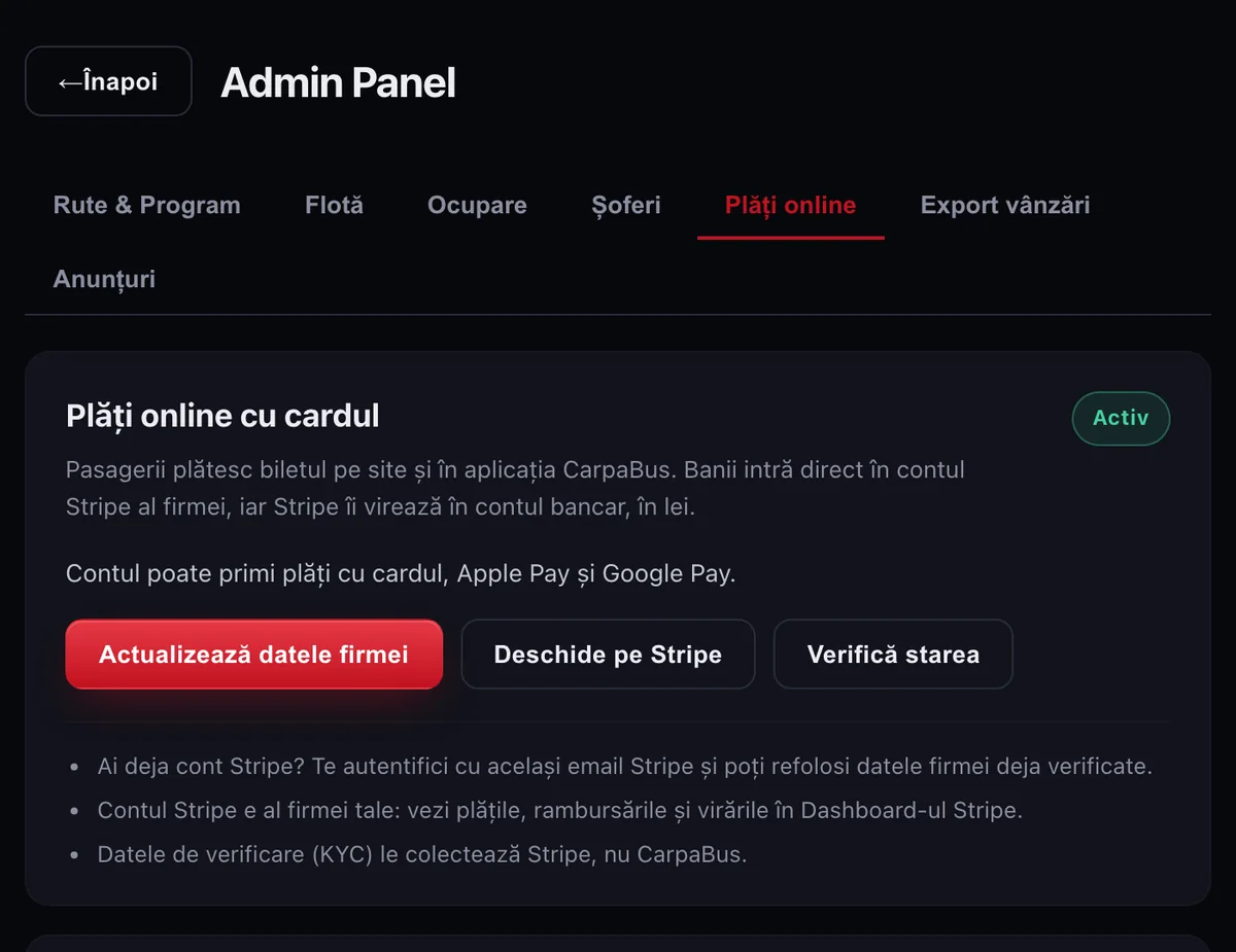 Plăți online active în Admin