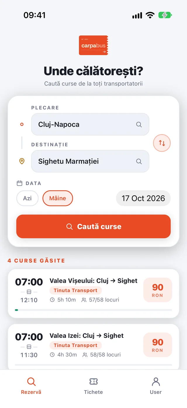 Căutare curse în aplicația CarpaBus